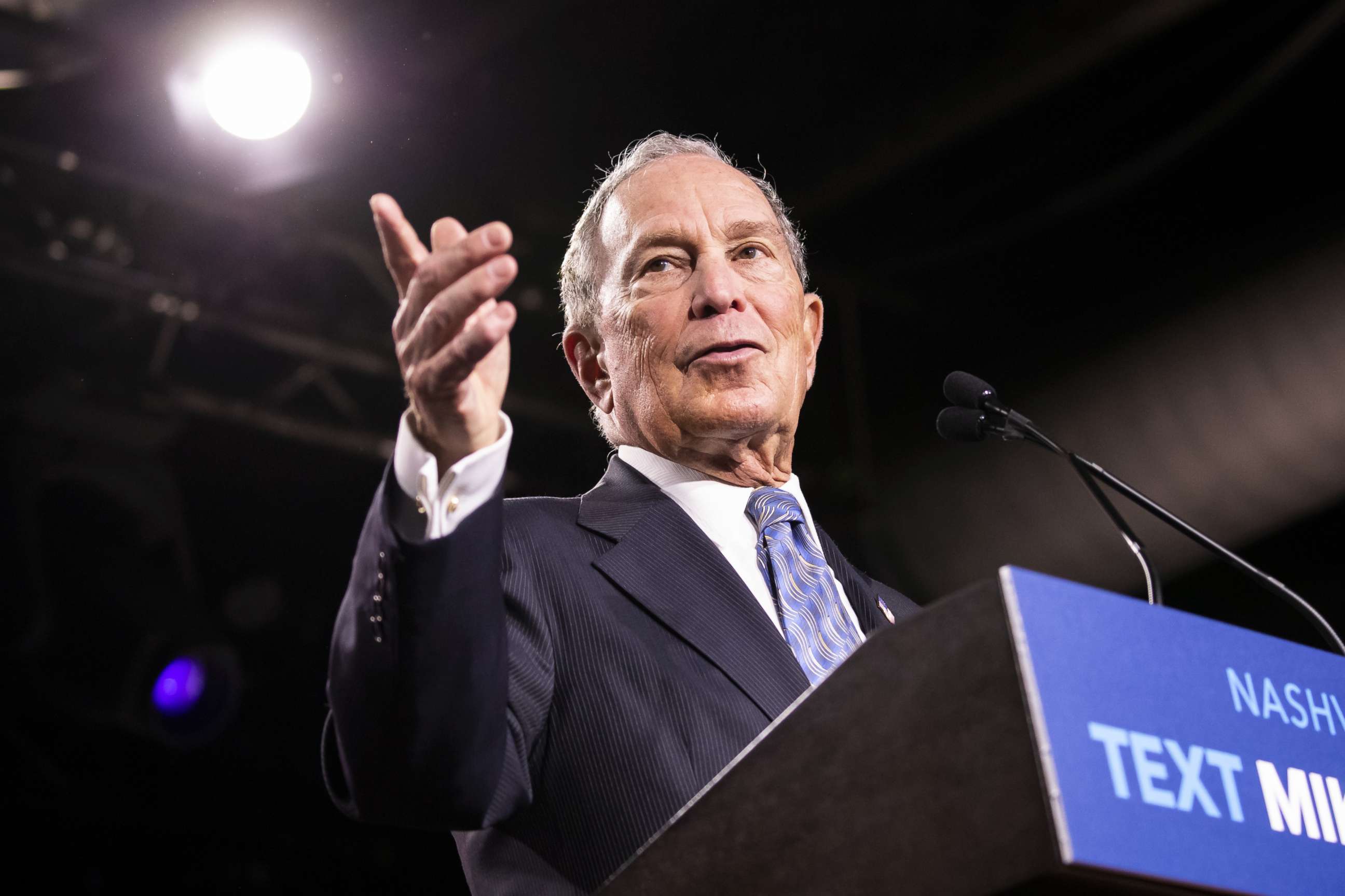 PHOTO: Democratic presidential candidate former New York City Mayor Mike Bloomberg delivers remarks during a campaign rally on Feb. 12, 2020, in Nashville, Tenn.