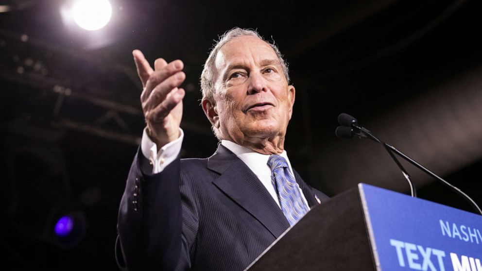 PHOTO: Democratic presidential candidate former New York City Mayor Mike Bloomberg delivers remarks during a campaign rally on Feb. 12, 2020, in Nashville, Tenn.