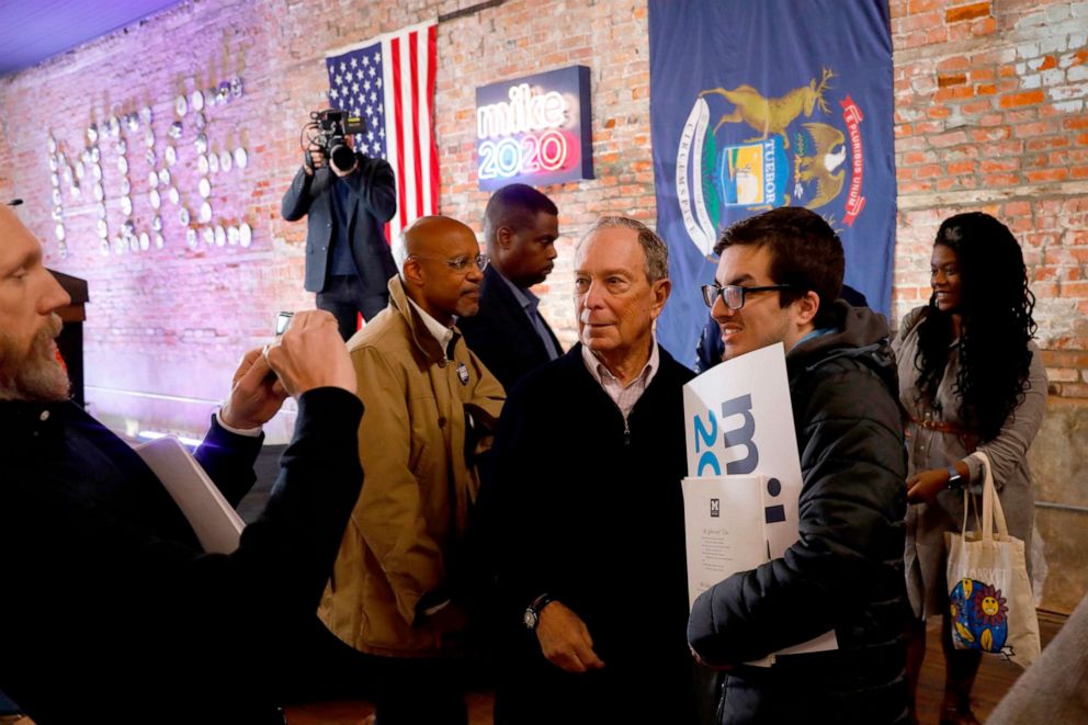 PHOTO: 2020 Democratic presidential hopeful and former New York Mayor Michael Bloomberg talks to supporters during an event to open a campaign office at Eastern Market in Detroit, Michigan, Dec. 21, 2019.