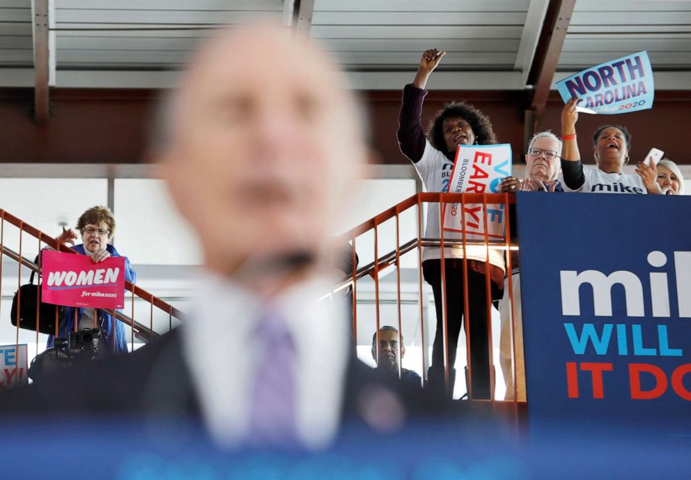 PHOTO: Supporters of Democratic presidential candidate Michael Bloomberg cheer for him while he speaks at a campaign event in Raleigh, N.C., Feb. 13, 2020.