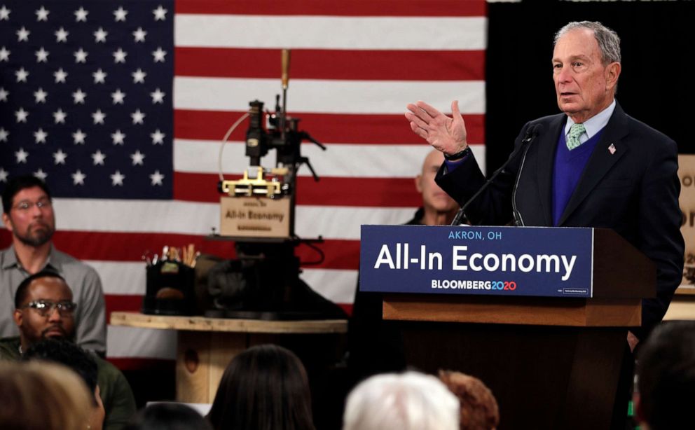 PHOTO: Democratic presidential candidate and former New York Mayor Michael Bloomberg speaks at the Bounce Innovation Hub, Jan. 8, 2020, in Akron, Ohio.