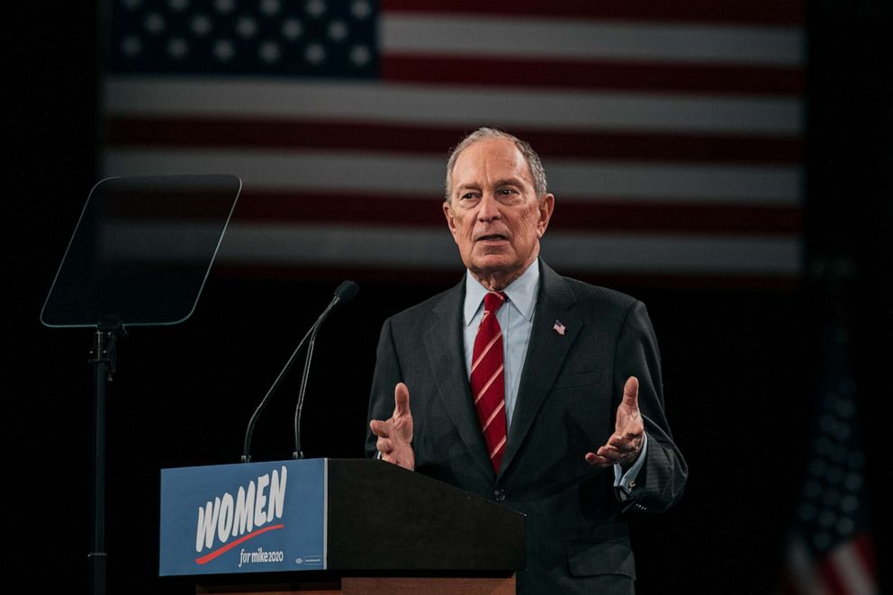 PHOTO: Former New York City mayor and 2020 Democratic presidential candidate Mike Bloomberg speaks at a rally, Jan. 15, 2020, in New York City.