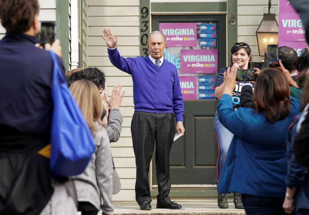 PHOTO: Democratic presidential candidate Michael Bloomberg greets volunteers during a canvass kick-off as he campaigns in Manassas, Va., March 2, 2020.