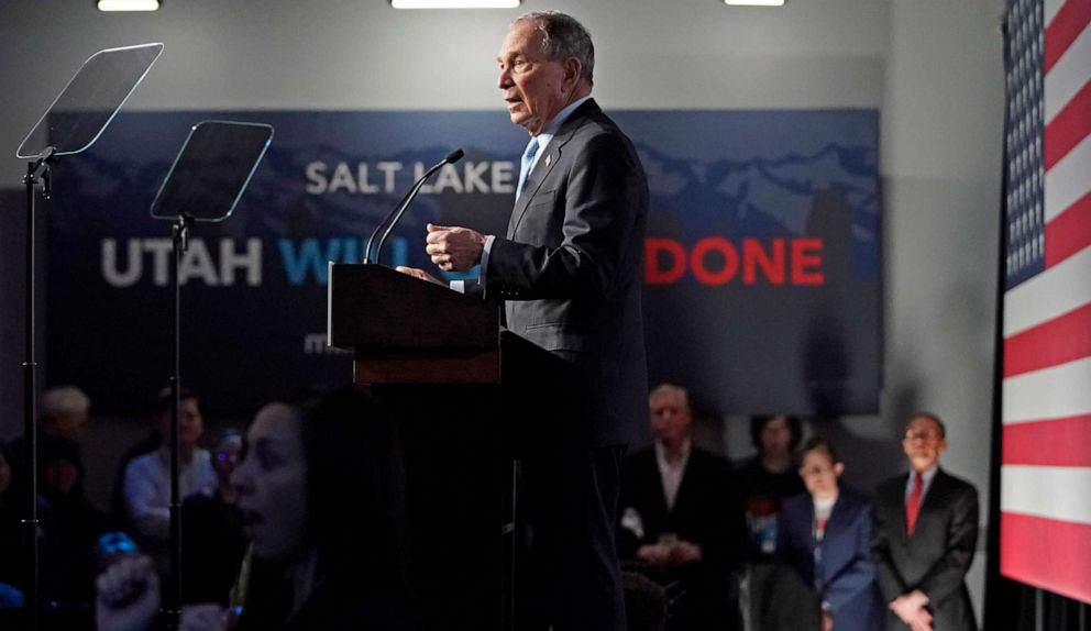 PHOTO: Democratic presidential candidate, former New York City mayor Mike Bloomberg talks to supporters at a rally on Feb. 20, 2020, in Salt Lake City.