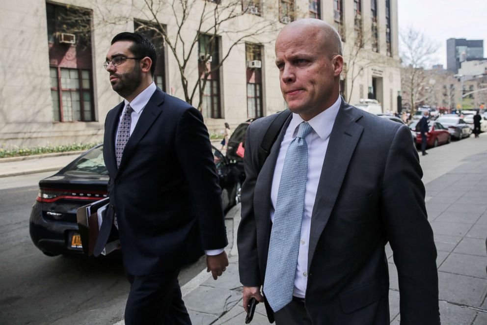 PHOTO: Michael Cohen's attorneys Joseph Evans and Todd Harrison leave the Manhattan Federal Court in New York, April 13, 2018.