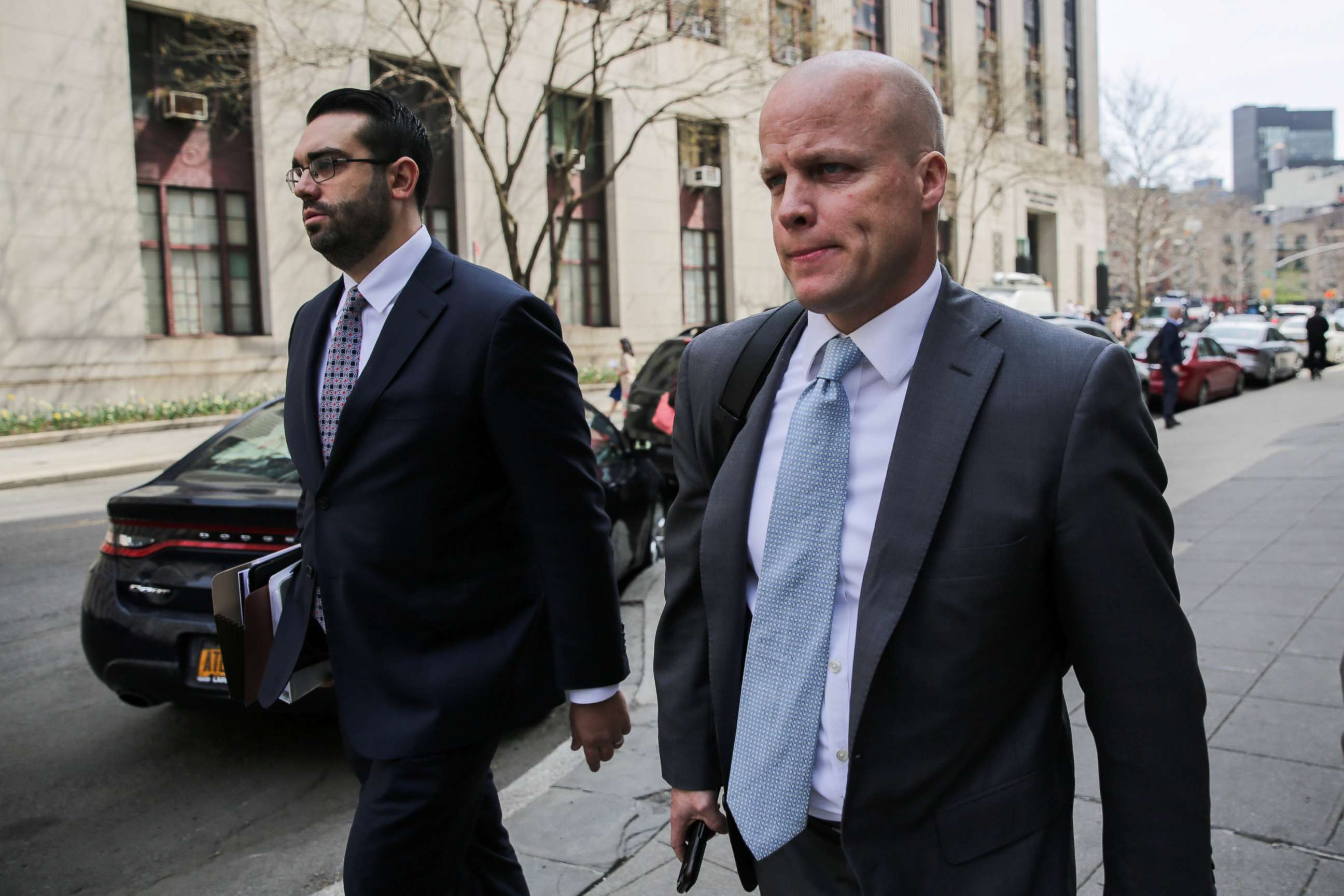PHOTO: Michael Cohen's attorneys Joseph Evans and Todd Harrison are pictured outside the Manhattan Federal Court in New York, April 13, 2018.