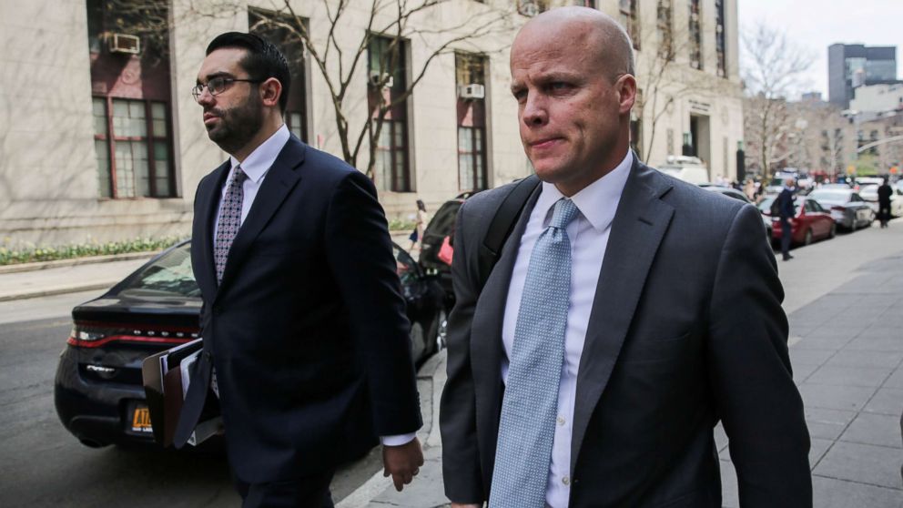 PHOTO: Michael Cohen's attorneys Joseph Evans and Todd Harrison are pictured outside the Manhattan Federal Court in New York, April 13, 2018.