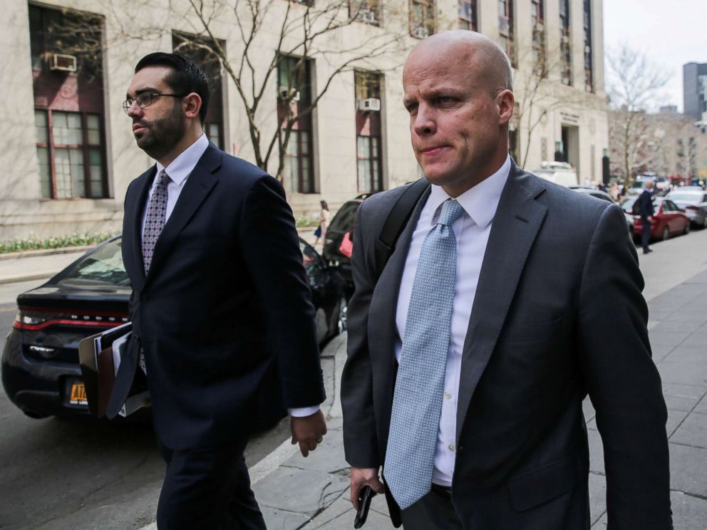 PHOTO: Michael Cohens attorneys Joseph Evans and Todd Harrison are pictured outside the Manhattan Federal Court in New York, April 13, 2018.