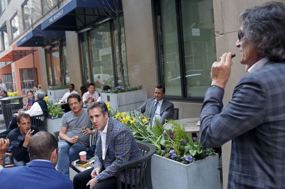 PHOTO: Michael Cohen, center, chats with friends near the Loews Regency hotel on Park Ave, April 13, 2018, in New York. Two of the men appear to be Rotem Rosen and Jerry Rotonda. ABC News was not able to identify the other men pictured.