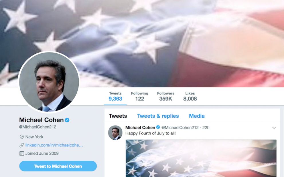 PHOTO: A screen shot taken by ABC News of Michael Cohen's Twitter header as of July 4, 2018.