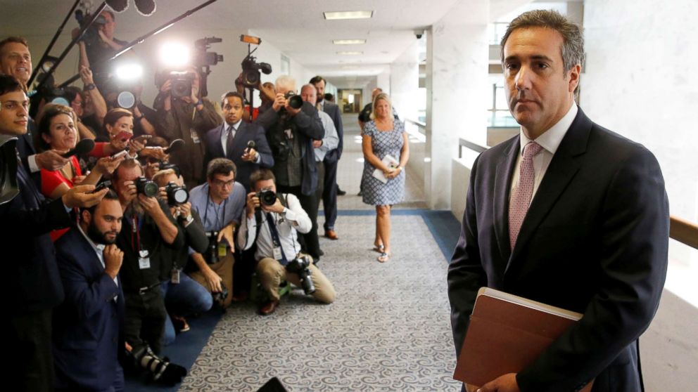 Michael Cohen, personal attorney for President Donald Trump, talks to reporters as he departs after meeting with Senate Intelligence Committee staff as the panel investigates alleged Russian interference in the 2016 presidential election, on Capitol Hill in Washington, Sept. 19, 2017.