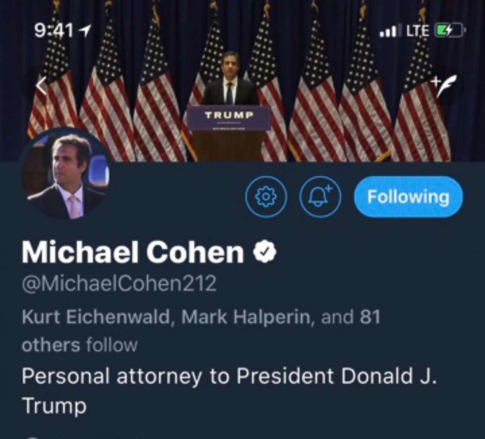 PHOTO: A screen shot taken by ABC News of Michael Cohen's Twitter header before July 4, 2018.
