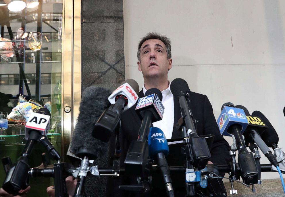 PHOTO: Michael Cohen, a former lawyer for President Donald Trumps, speaks to the media as he leaves his apartment to go to jail in Manhattan, New York, on May 6, 2019.