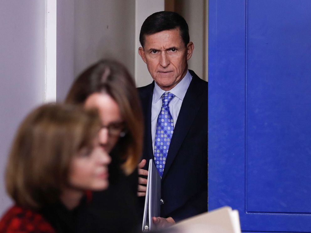 PHOTO: In this Feb. 1, 2017, photo, then-National Security Adviser Michael Flynn arrives for the daily news briefing at the White House, in Washington.