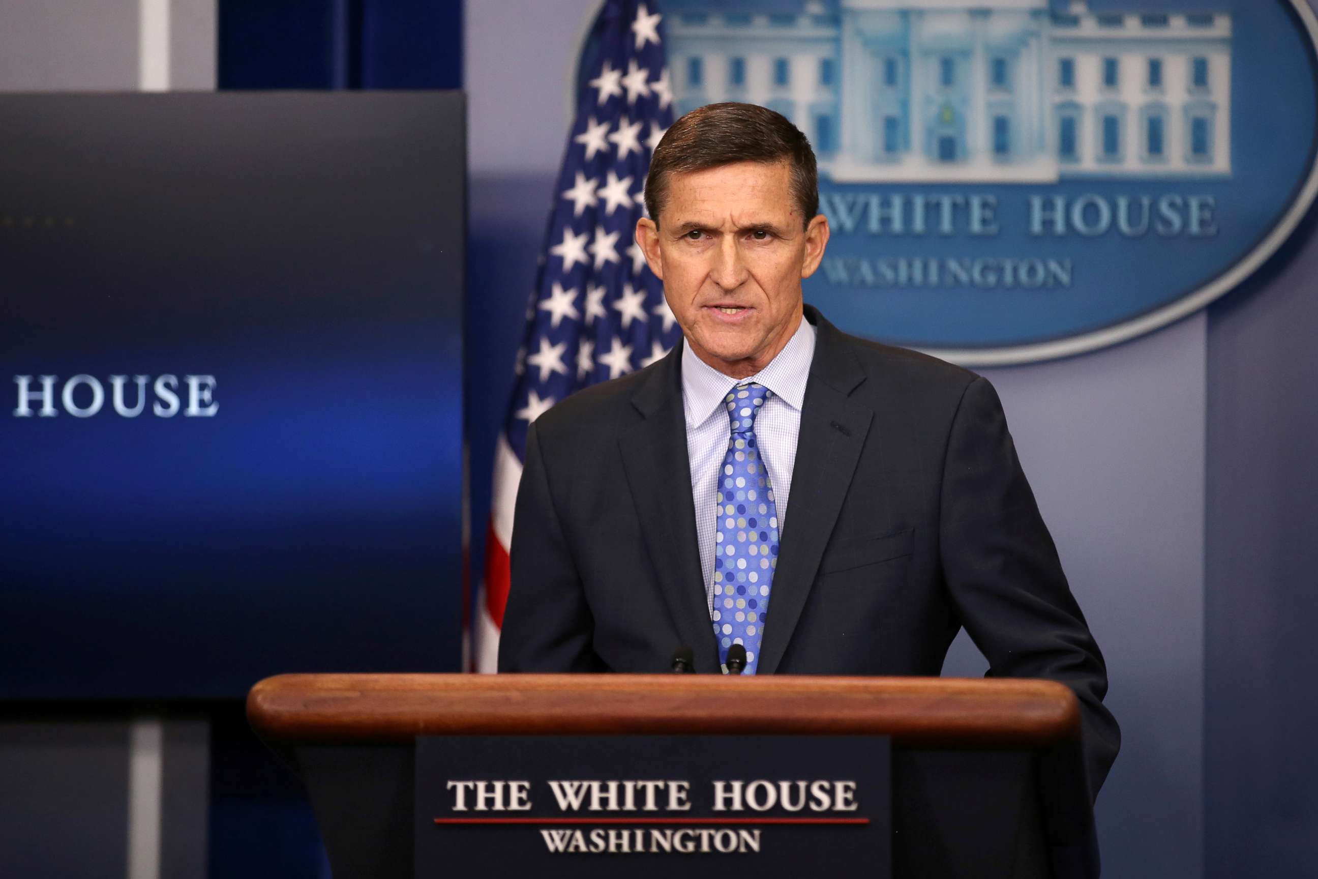 PHOTO: National security adviser General Michael Flynn delivers a statement daily briefing at the White House in Washington, Feb. 1, 2017.