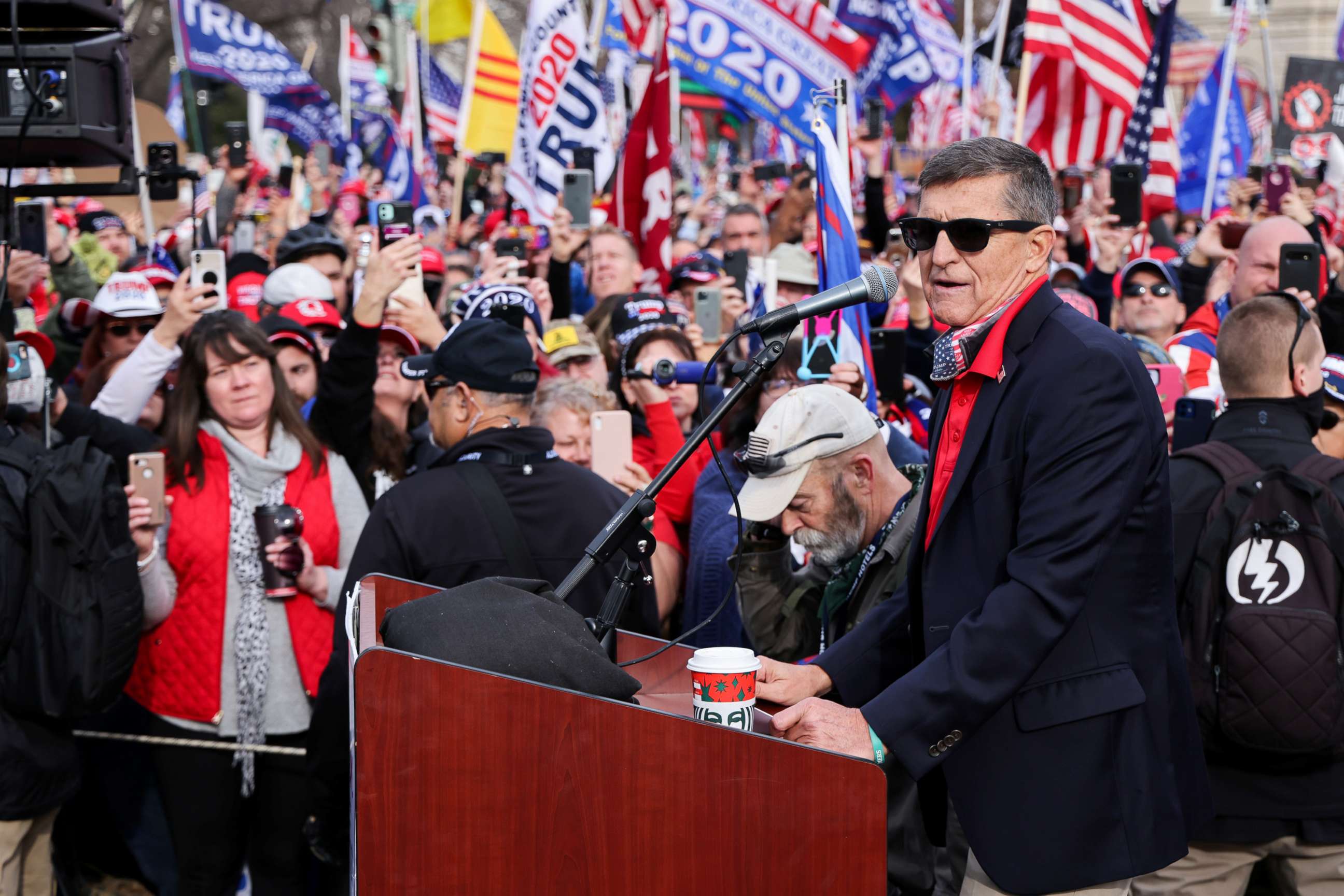 PHOTO: Former national security adviser Michael Flynn speaks as supporters of President Donald Trump listen during a rally to protest the results of the election in front of Supreme Court building, in Washington, DC., Dec. 12, 2020.