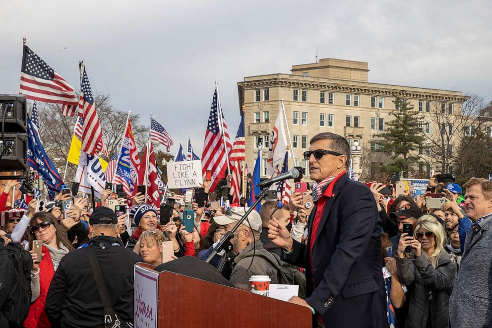 PHOTO: Former Gen. Michael Flynn, President Donald Trump's recently pardoned national security adviser, speaks during a protest of the outcome of the 2020 presidential election outside the Supreme Court on Dec. 12, 2020, in Washington, D.C.