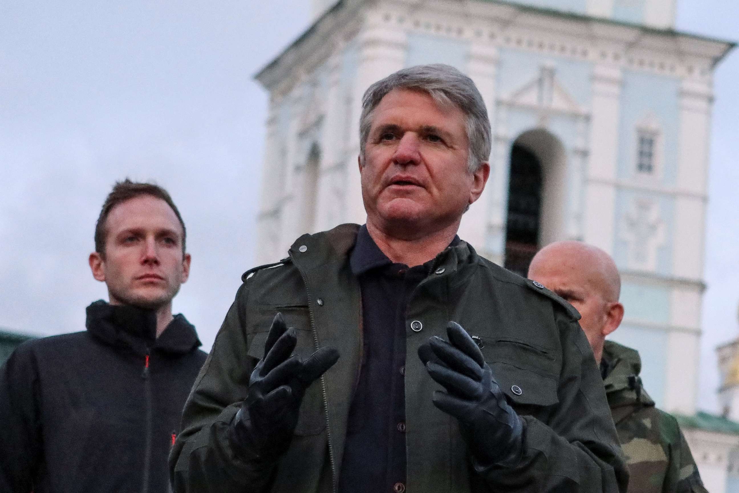 PHOTO: U.S. Congressman Michael McCaul, chairman of the House Foreign Affairs Committee, attends a news briefing in front of Saint Michael's Cathedral, amid Russia's attack on Ukraine, in Kyiv, Ukraine, on Feb. 21, 2023.
