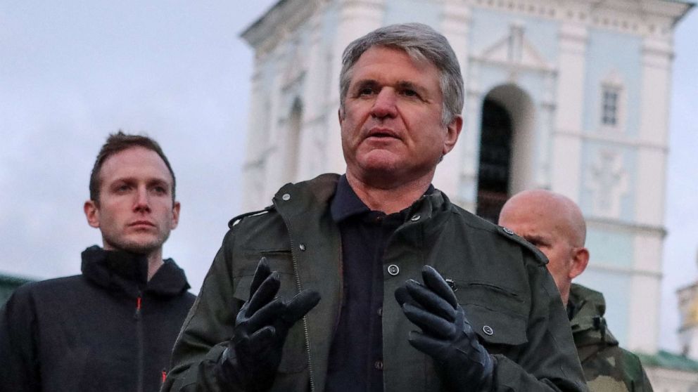 PHOTO: U.S. Congressman Michael McCaul, chairman of the House Foreign Affairs Committee, attends a news briefing in front of Saint Michael's Cathedral, amid Russia's attack on Ukraine, in Kyiv, Ukraine, on Feb. 21, 2023.