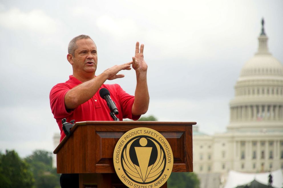 PHOTO: Firework victim Michael Spencer shares his story at the CPSC firework safety demonstration event, June 27, 2018, in Washington.