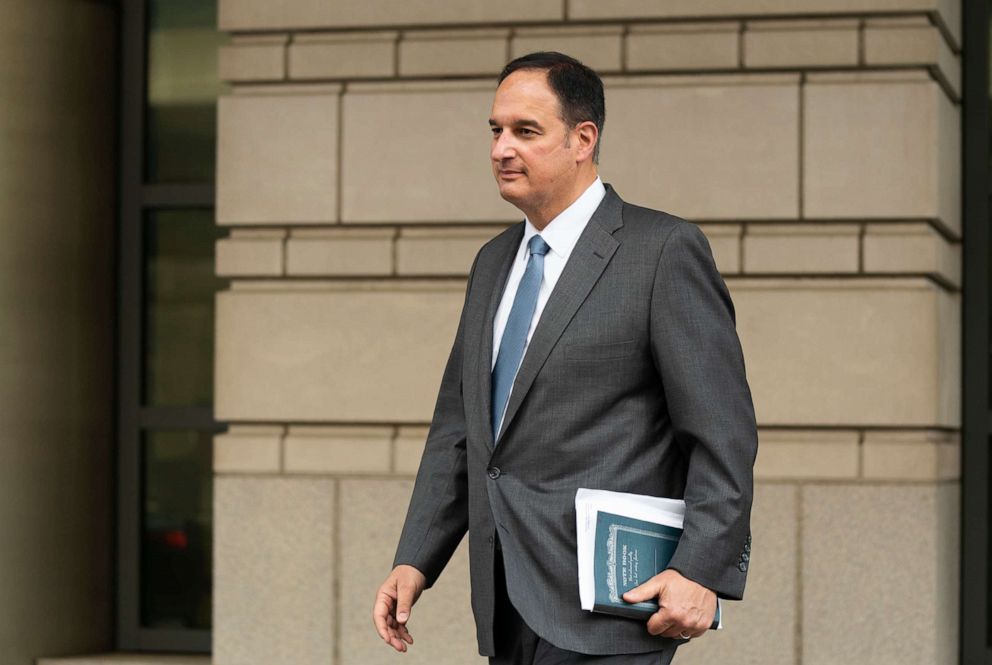 PHOTO: Michael Sussmann, a cybersecurity lawyer who represented the Hillary Clinton presidential campaign in 2016, leaves federal courthouse in Washington, D.C., May 16, 2022.