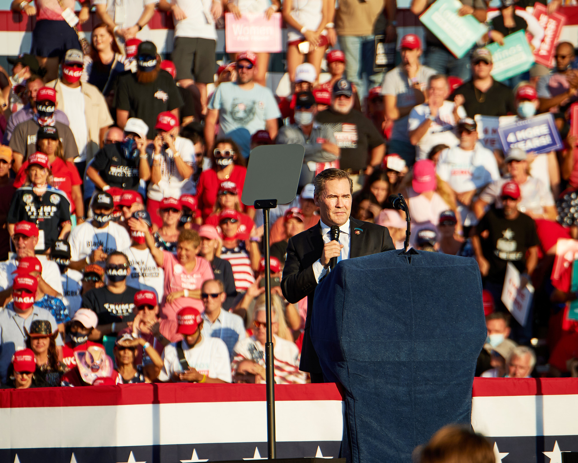 PHOTO: Rep. Michael Waltz speaks to the crowd before the arrival of President Donald Trump during a campaign rally in Sanford, Fla., Oct. 12, 2020.