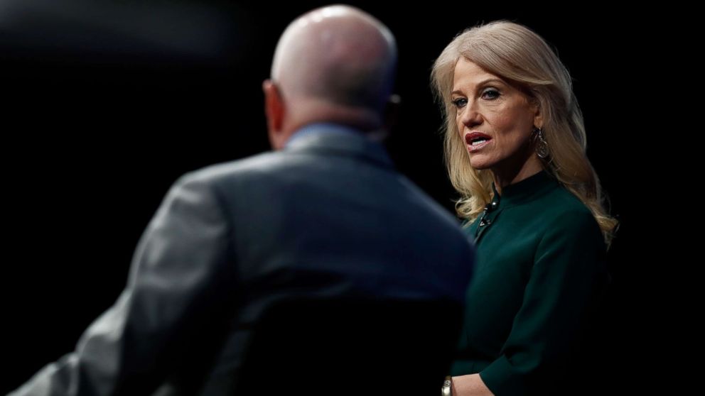 PHOTO: Counselor to President Donald Trump Kellyanne Conway speaks with forum moderator Michael Wolff at the Newseum in Washington, April 12, 2017, during "The President and the Press: The First Amendment in the First 100 Days" forum.