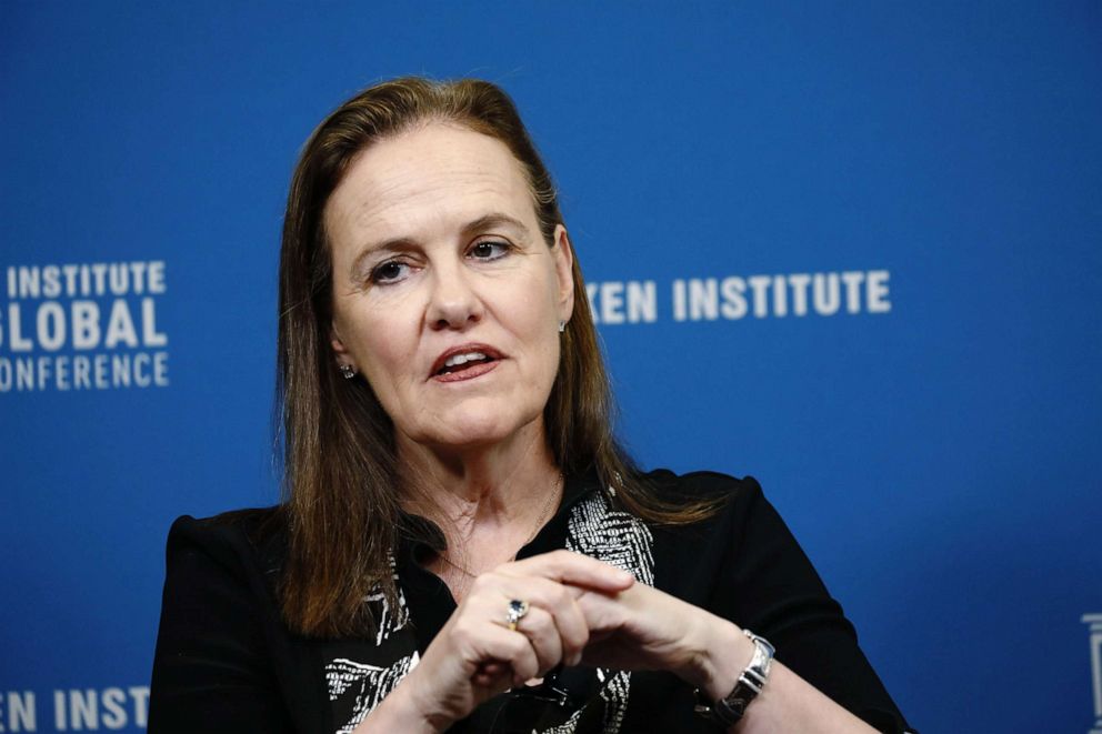 PHOTO: Michele Flournoy, co-founder and managing partner of Westexec Advisors LLC, speaks during the Milken Institute Global Conference in Beverly Hills, Calif., April 29, 2019.