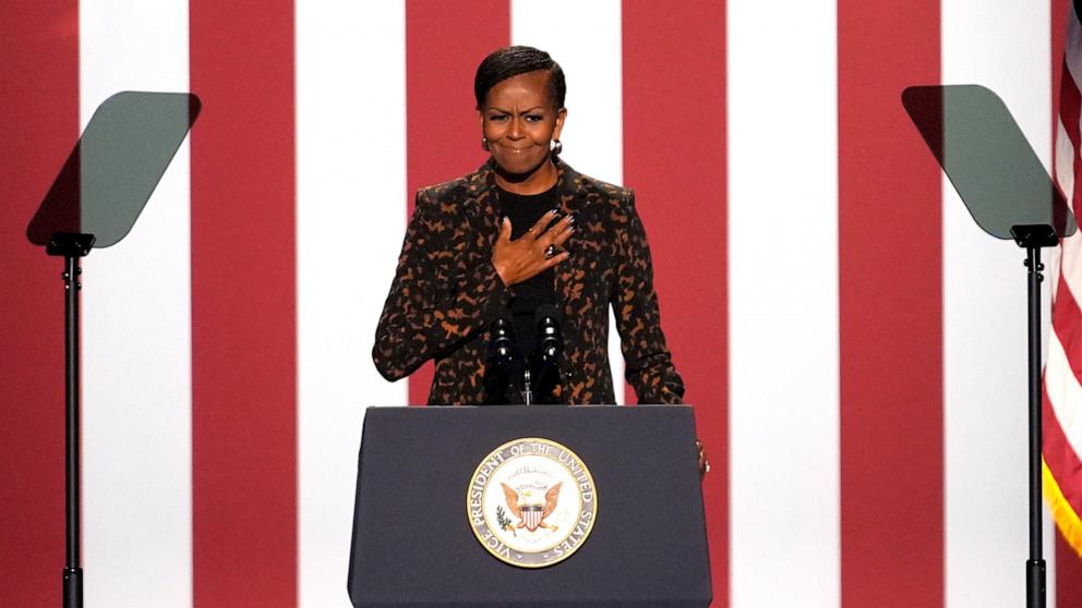 PHOTO: Former first lady Michelle Obama speaks at a campaign rally for democratic presidential nominee Vice President Kamala Harris at the Wings Event Center, in Kalamazoo, Mich., Oct. 26, 2024. 