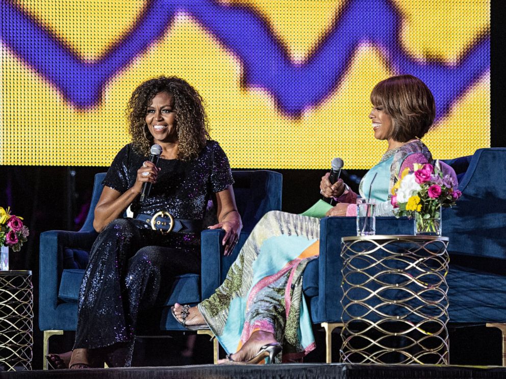 PHOTO: Michelle Obama and Gayle King participate in the 2019 Essence Festival at the Mercedes-Benz Superdome, Saturday, July 6, 2019, in New Orleans.
