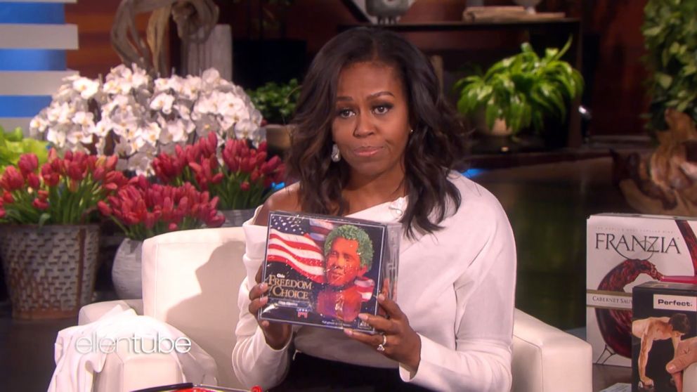 PHOTO: Michelle Obama presents Ellen with a "Chia Obama" during her guest appearance on "The Ellen DeGeneres Show," Feb. 1, 2018.