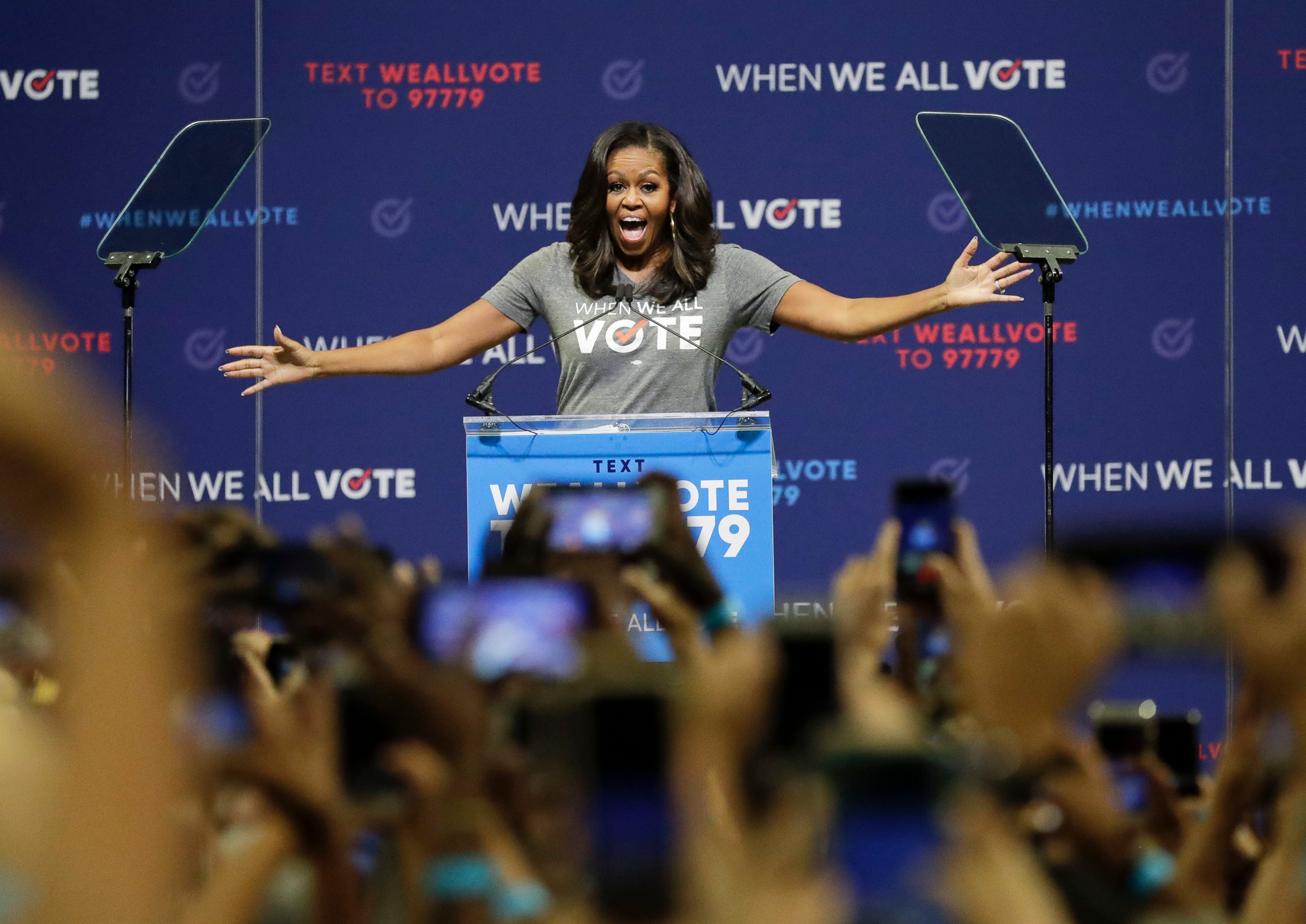 PHOTO: Former first lady Michelle Obama speaks at a rally to encourage voter registration on Friday, Sept. 28, 2018, in Coral Gables, Fla. 