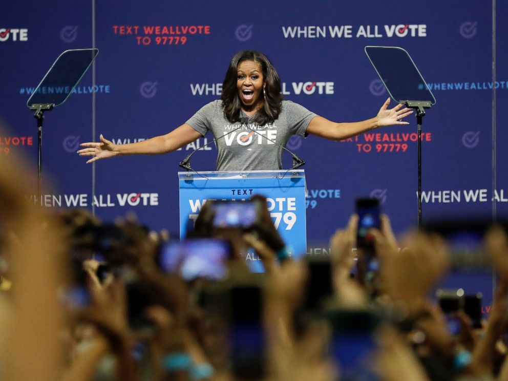 PHOTO: Former first lady Michelle Obama speaks at a rally to encourage voter registration on Friday, Sept. 28, 2018, in Coral Gables, Fla.