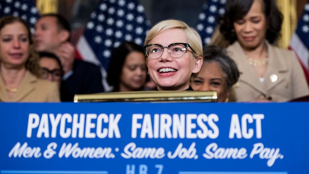 PHOTO: Michelle Williams speaks during the Democratic Women's Caucus press conference marking Equal Pay Day and celebrating passage of the Paycheck Fairness Act, April 2, 2019, in Washington, DC.