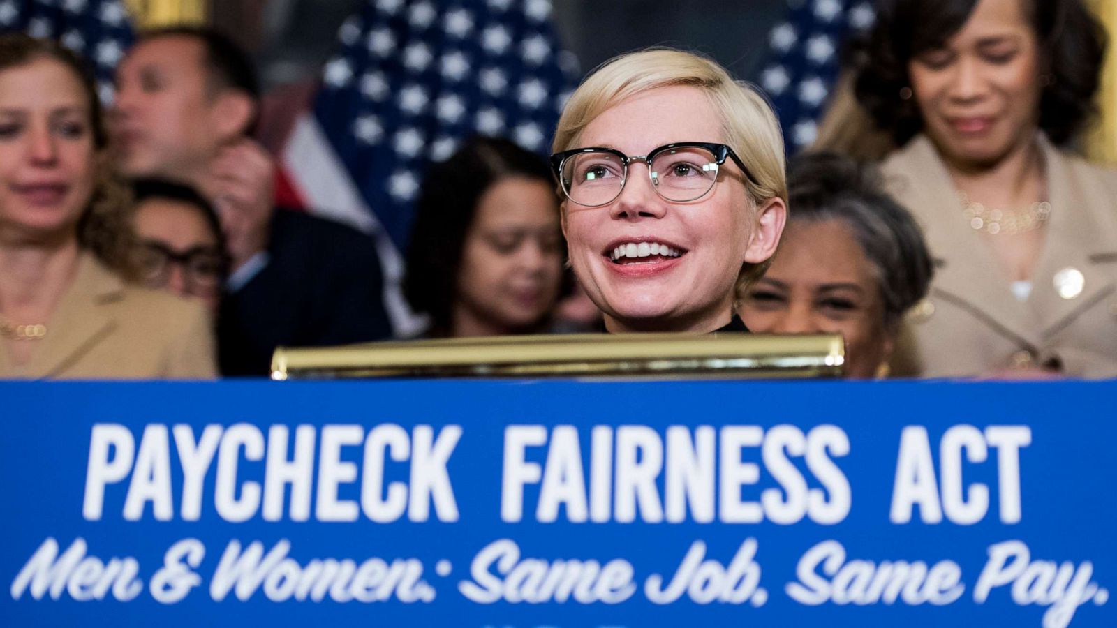 PHOTO: Michelle Williams speaks during the Democratic Women's Caucus press conference marking Equal Pay Day and celebrating passage of the Paycheck Fairness Act, April 2, 2019, in Washington, DC.