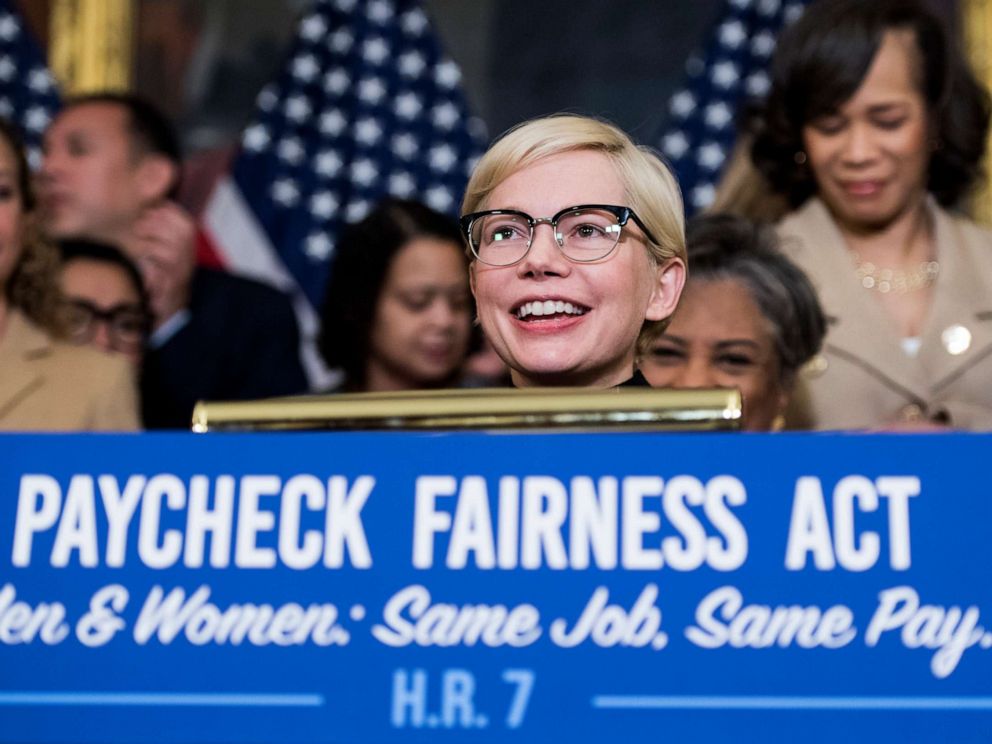 PHOTO: Michelle Williams speaks during the Democratic Womens Caucus press conference marking Equal Pay Day and celebrating passage of the Paycheck Fairness Act, April 2, 2019, in Washington, DC.