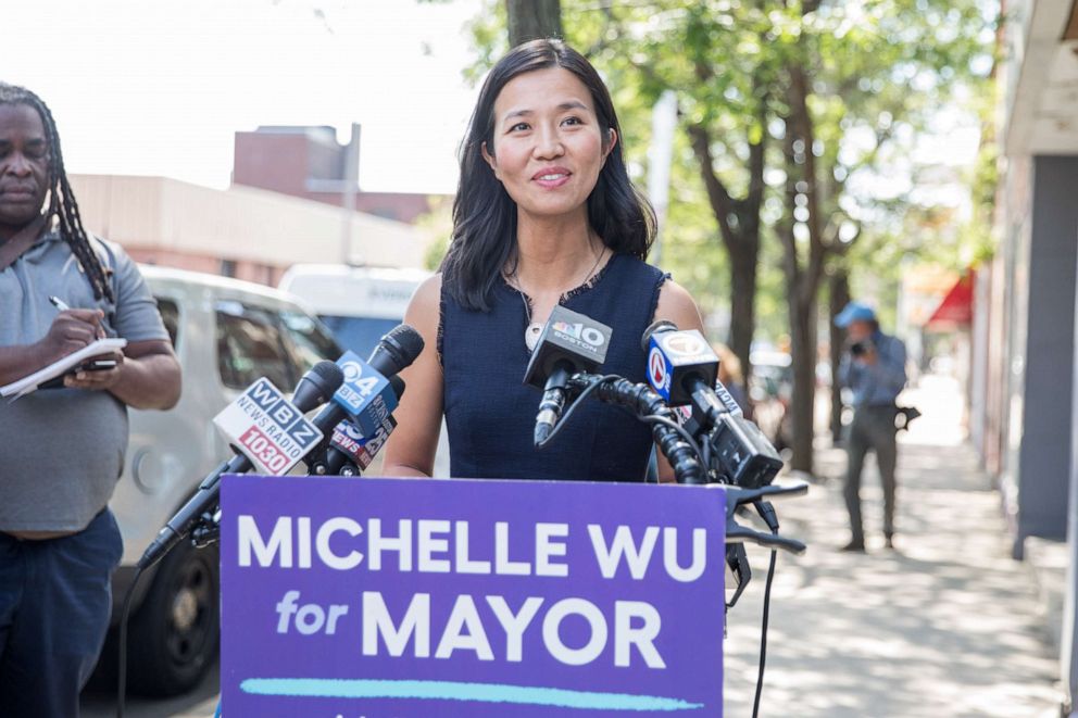 Boston mayoral candidate, City Councilwoman at-large Michelle Wu answers questions during a press conference outside of her campaign headquarters on Sept. 13, 2021.