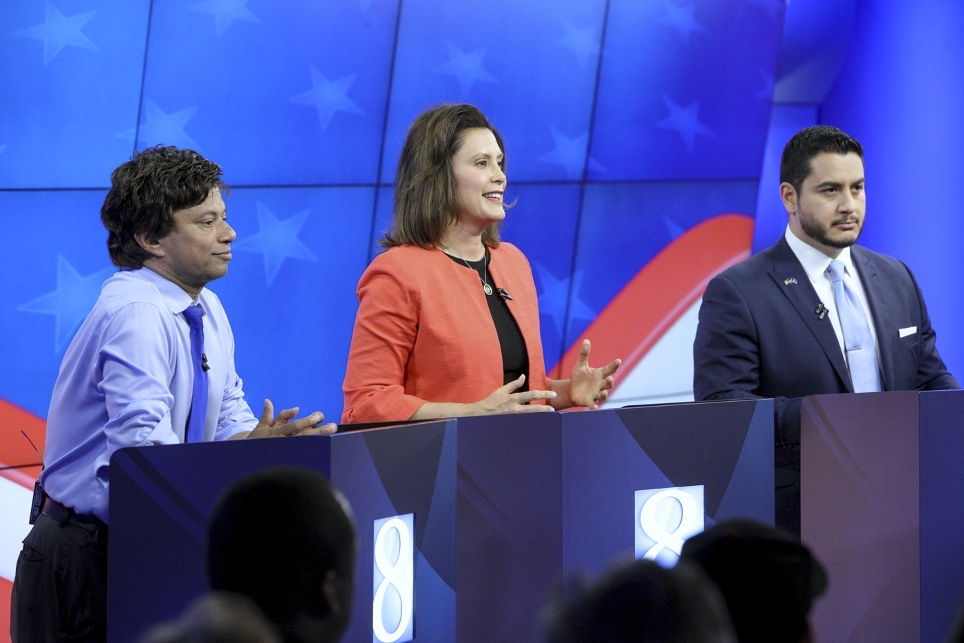 PHOTO: Michigan Democratic gubernatorial candidates from left, Shri Thanedar, Gretchen Whitmer and Abdul El-Sayed are seen during their first debate in Grand Raids, Mich., June 20, 2018.