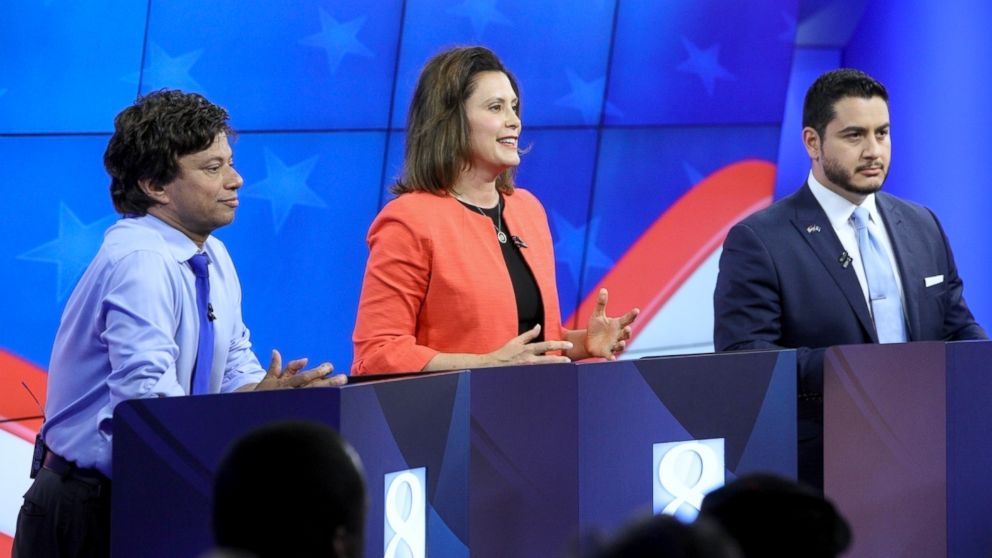 PHOTO: Michigan Democratic gubernatorial candidates from left, Shri Thanedar, Gretchen Whitmer and Abdul El-Sayed are seen during their first debate in Grand Raids, Mich., June 20, 2018.