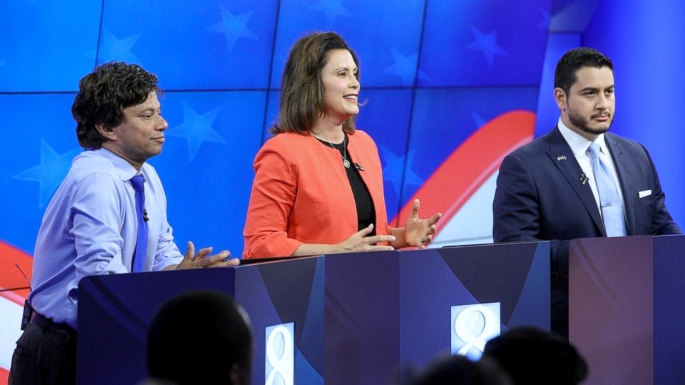 Michigan Democratic gubernatorial candidates from left, Shri Thanedar, Gretchen Whitmer and Abdul El-Sayed are seen during their first debate in Grand Raids, Mich., June 20, 2018.