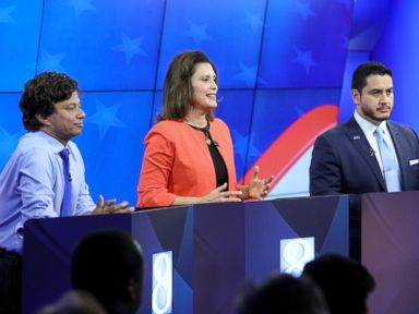 PHOTO: Michigan Democratic gubernatorial candidates from left, Shri Thanedar, Gretchen Whitmer and Abdul El-Sayed are seen during their first debate in Grand Raids, Mich., June 20, 2018.