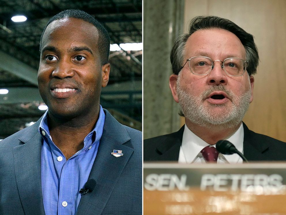 PHOTO: John James, Michigan GOP Senate candidate, does an interview with a news media outlet, Aug. 7, 2018, in Detroit. Senator Gary Peters questions Chad Wolf, acting secretary of the Department of Homeland Security on Capitol Hill, March. 4, 2020.