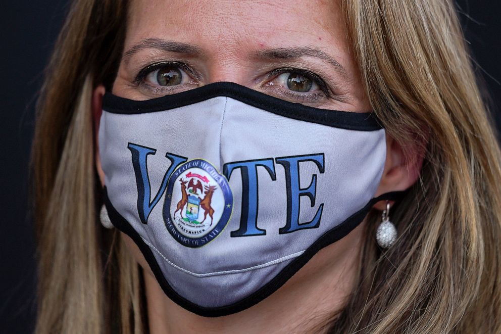 PHOTO: In this Sept. 24, 2020, file photo, Michigan Secretary of State Jocelyn Benson wears a mask before talking about voting and the upcoming elections in Detroit.