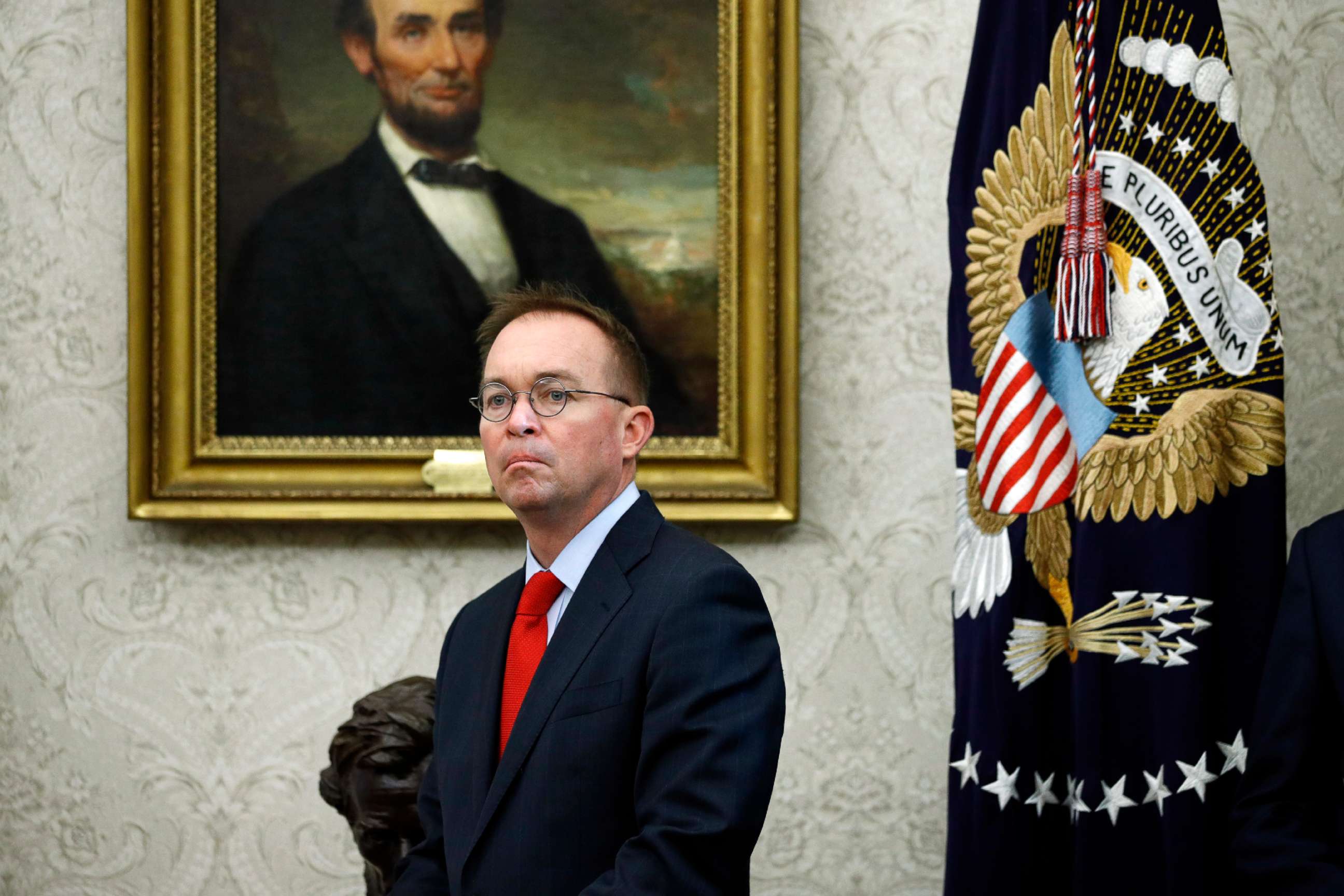 PHOTO: Acting chief of staff Mick Mulvaney listens as President Donald Trump and Turkish President Recep Tayyip Erdogan meet in the Oval Office with Republican senators at the White House in Washington, Nov. 13, 2019.