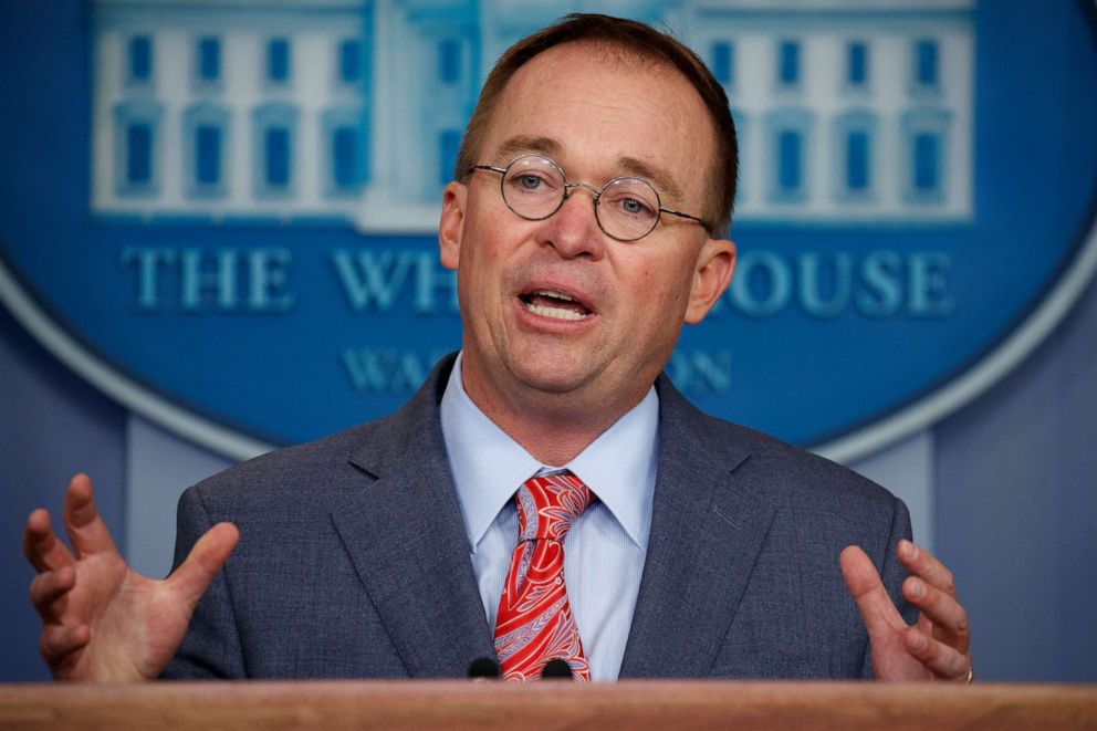 PHOTO: Mick Mulvaney speaks in the White House briefing room in Washington, Oct. 17, 2019.