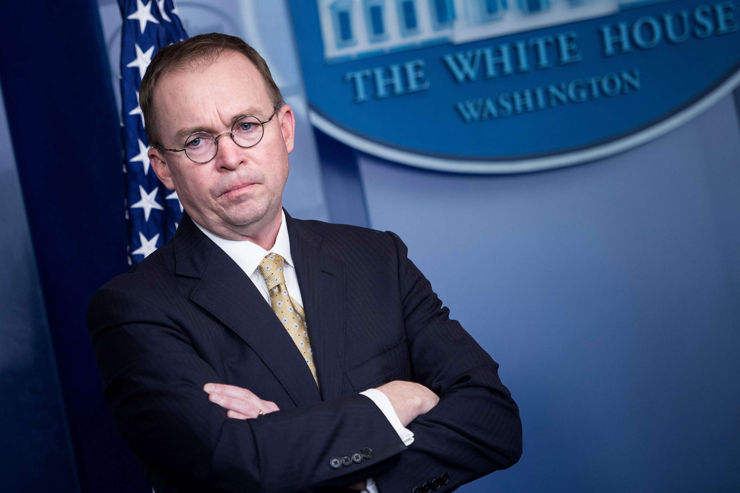 PHOTO: In this file photo taken on Jan. 20, 2018, Mick Mulvaney, director of the Office of Management and Budget, listens during a briefing at the James S. Brady Press Briefing Room of the White House in Washington, D.C.