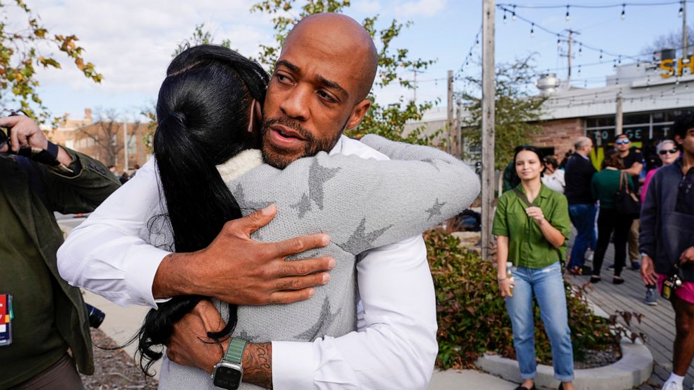 PHOTO: Wisconsin Democratic U.S. Senate candidate Mandela Barnes hugs a supporter after conceding to Republican U.S. Sen. Ron Johnson at a news conference in Milwaukee, Nov. 9, 2022.