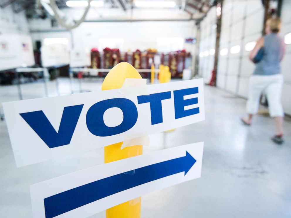 PHOTO: Signs direct voters at the Philomont, Va fire station in Virginias 10th Congressional district on primary election day, June 12, 2018.