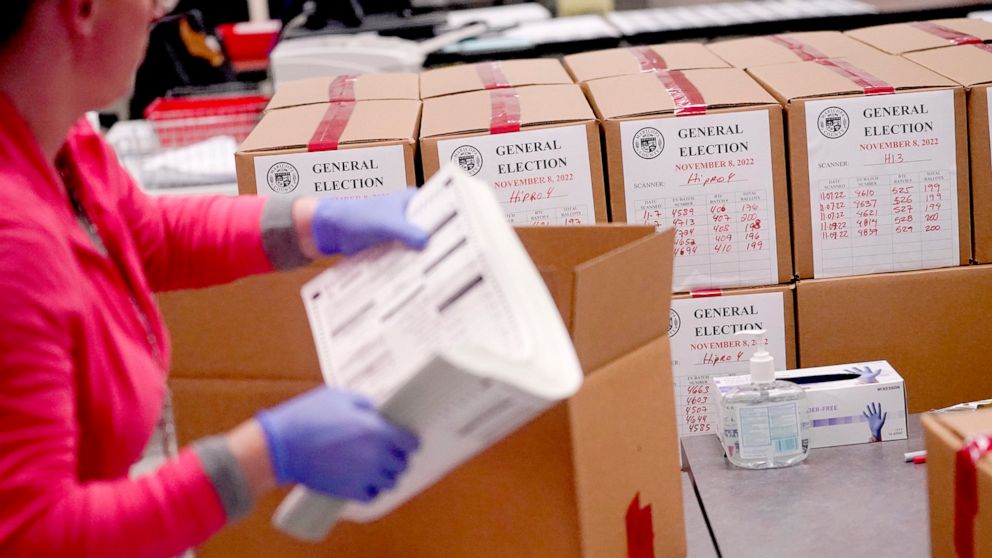 PHOTO: An election worker boxes tabulated ballots inside the Maricopa County Recorders Office in Phoenix. Nov. 9, 2022.