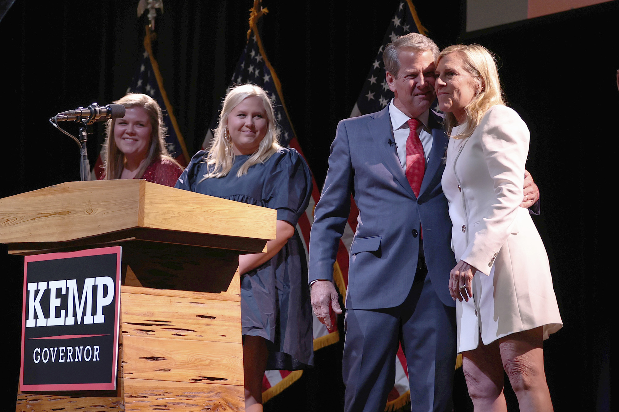 PHOTO: Georgia Republican gubernatorial candidate Gov. Brian Kemp, delivers his acceptance speech at his election night party after defeating Stacey Abrams in Atlanta, Nov. 8, 2022.